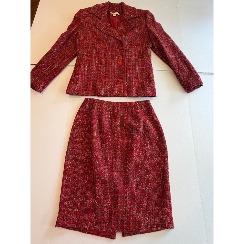 Amanda Smith Red Tweed Skirt Suit Set Double Breasted Blazer Pencil Skirt 4